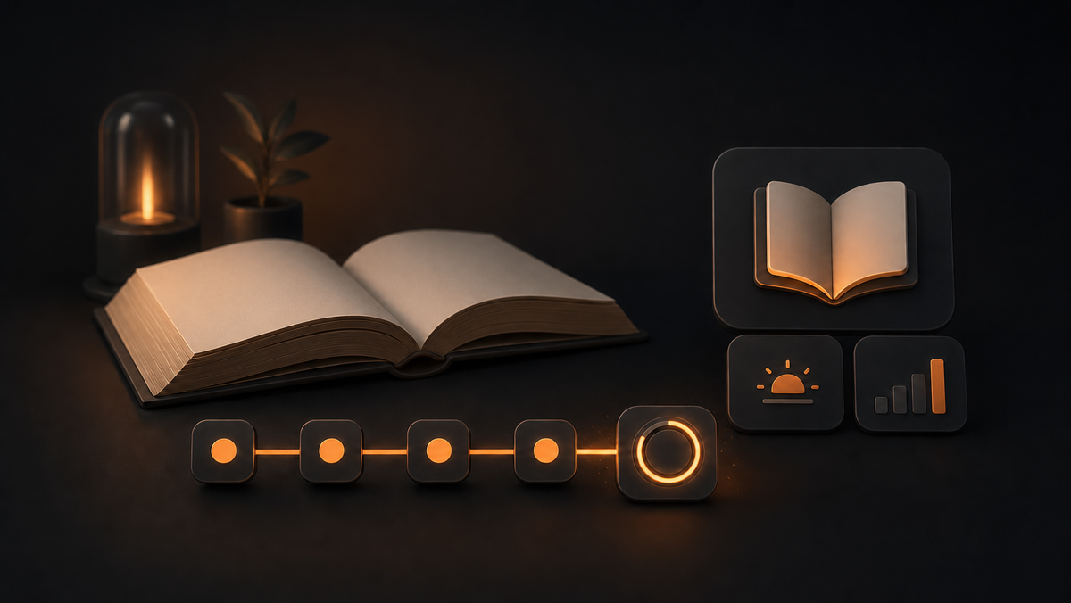 Dark illustration of an open book beside a five-step habit progress timeline