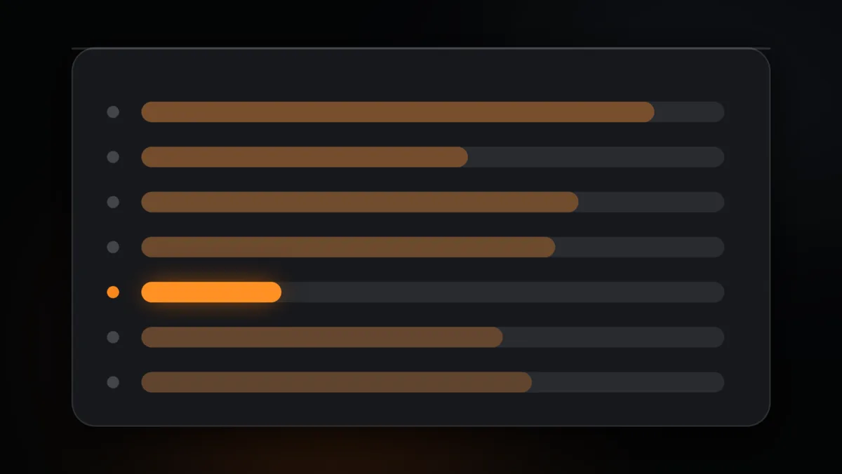 Dark illustration of seven stacked progress bars for one week, with a single short orange bar breaking the pattern
