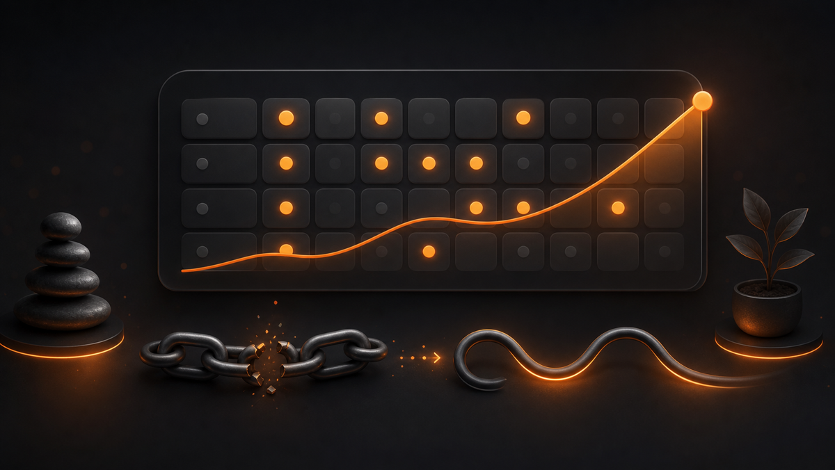 Dark illustration of scattered habit completions forming a rising orange progress trend