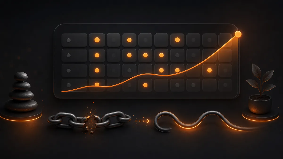 Dark illustration of scattered habit completions forming a rising orange progress trend
