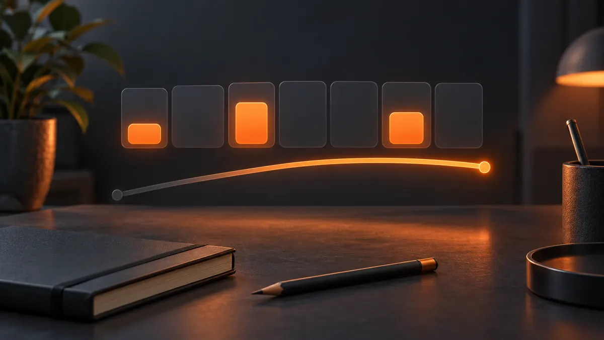 Three orange study sessions of different lengths across a dark seven-day timeline, joined by a weekly progress arc