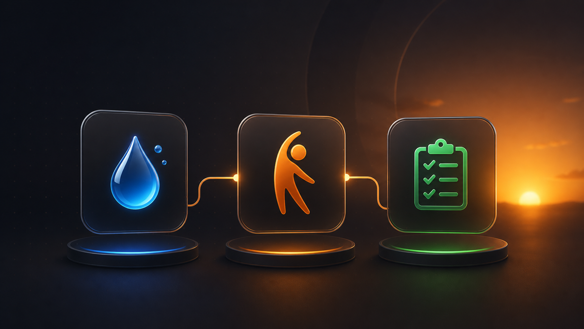 Illustration of a simple morning routine with water, movement, and planning