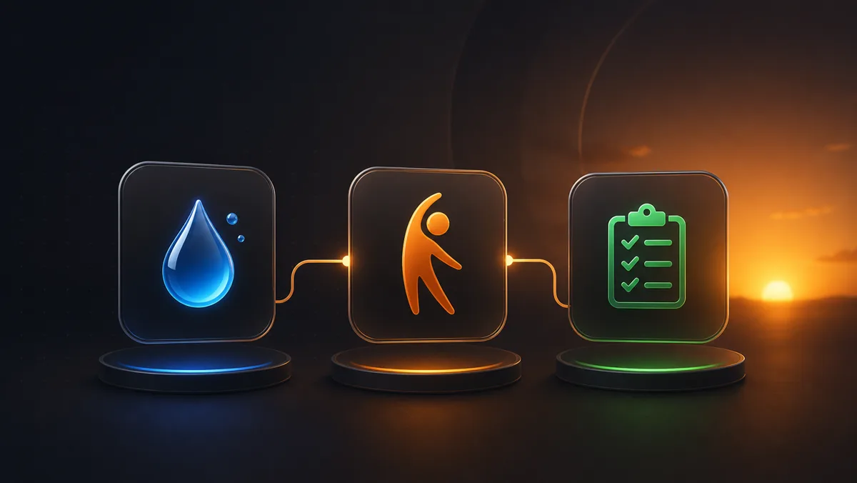 Illustration of a simple morning routine with water, movement, and planning