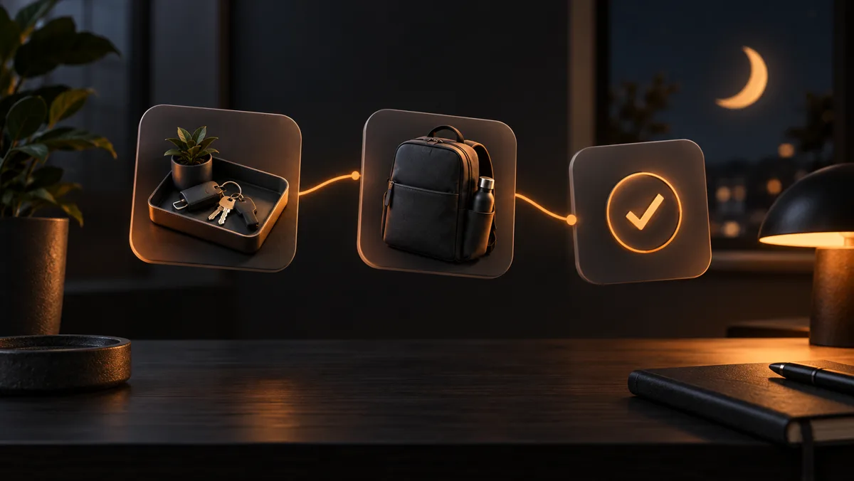 Three dark routine tiles showing keys in a tray, a packed bag, and an orange checkmark beneath a crescent moon