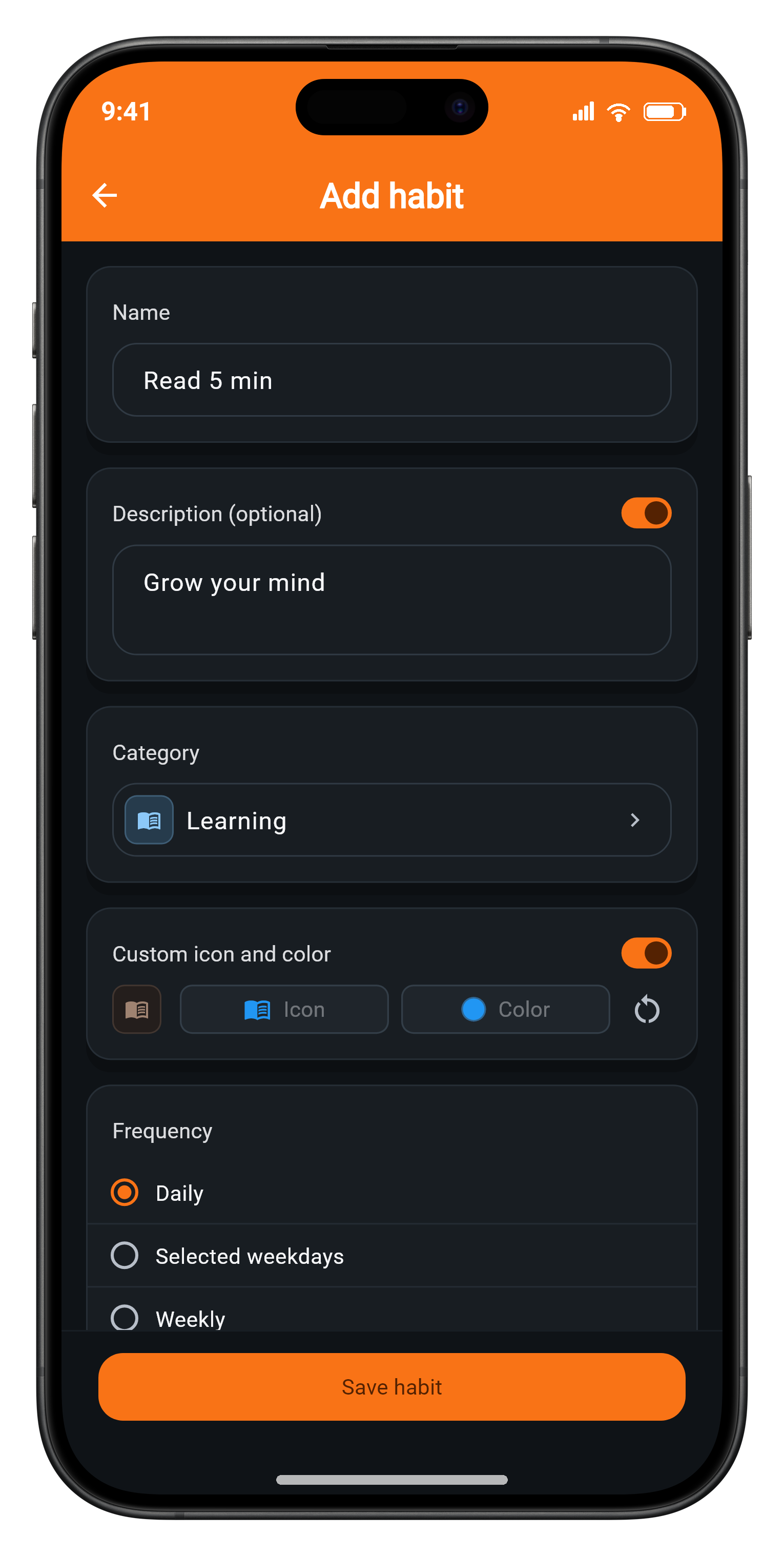 Phone screenshot of the Habit Tracker habit creation screen