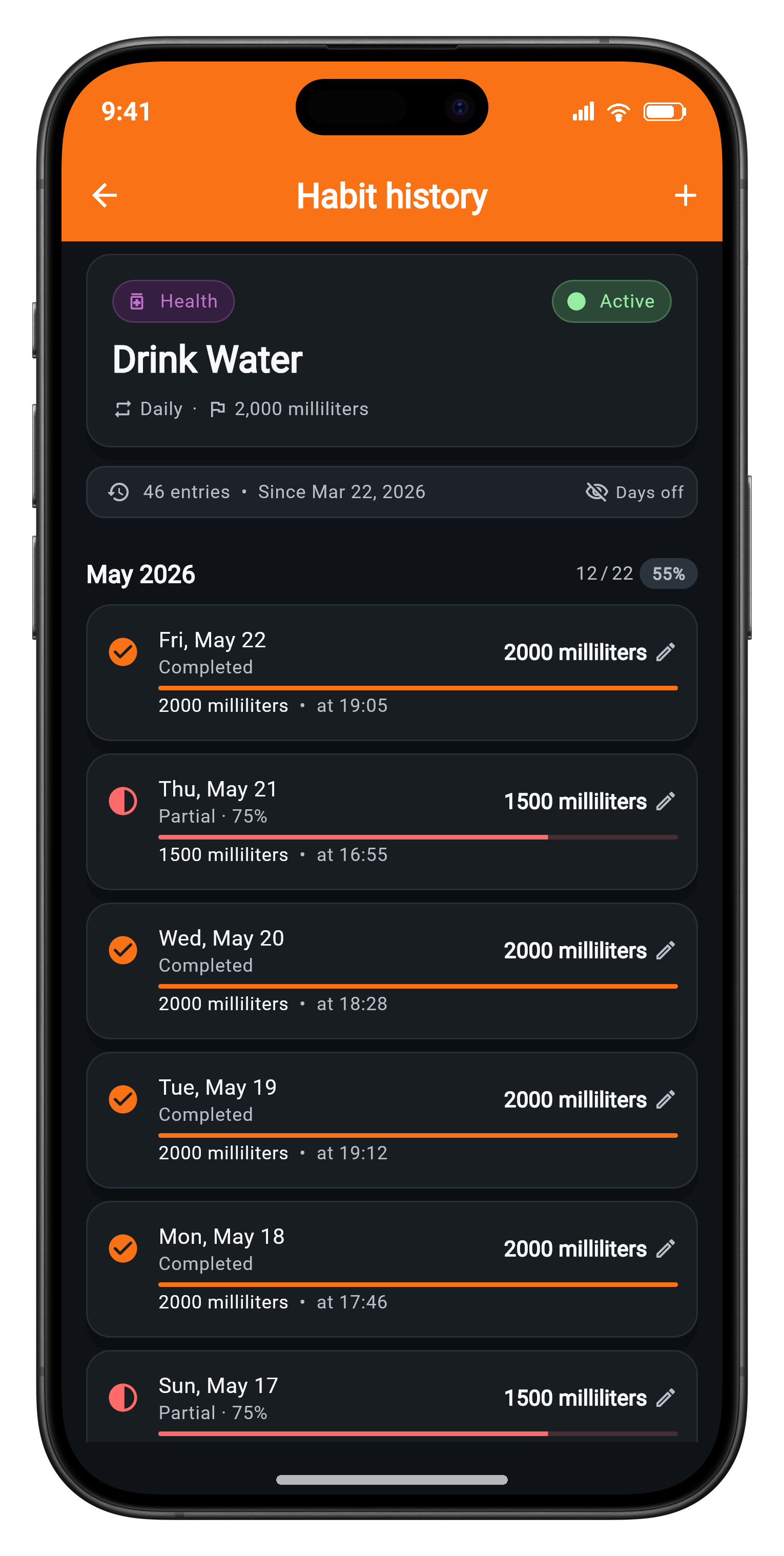 Phone screenshot of Habit Tracker habit history