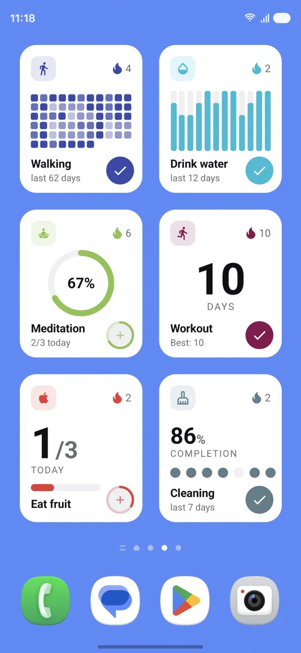 Android home screen with six Habit Tracker widgets: a history grid for walking, a bar chart for drinking water, a 67% progress ring for meditation, a ten-day streak number for workouts, goal progress for eating fruit, and an 86% completion tile for cleaning